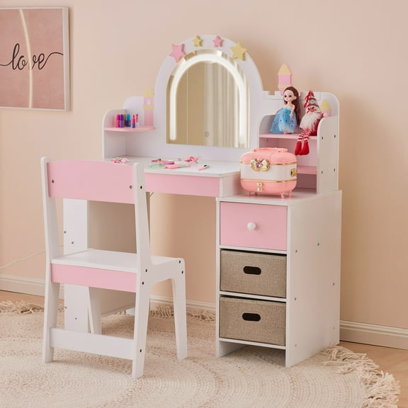 Kids Vanity Table and Chair Set with Lighting Mirror, Princess Makeup Vanity Set with Drawer and 2-Tier Shelf, 3 in 1 Makeup Dressing Table with Star and Castle Elements