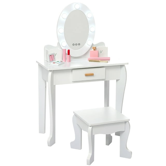 Children's Vanity Set Wooden Girl's Makeup Desk with Mirror, Touch