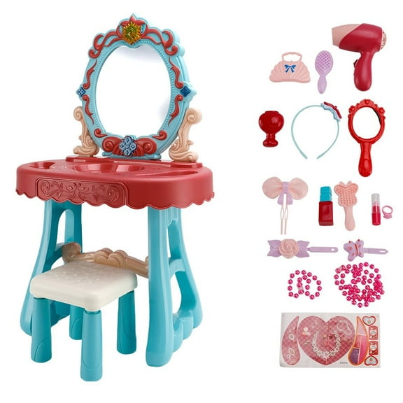Kids Vanity Table and Chair Set with Mirror Light Music, Toddler Girls Makeup Table with Stool ＆ Hair Dryer, Pretend Play Princess Dress Up Vanity Set, Birthday Gifts for 3 Year Old Girl
