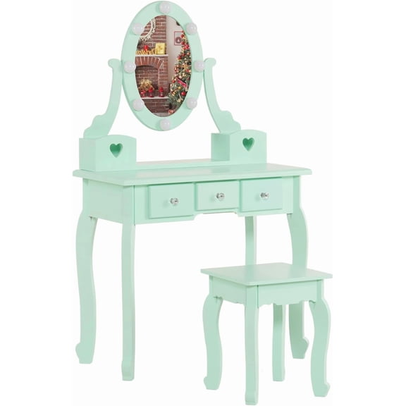 Kids Vanity Table and Chair Set, Princess MDF Dressing Table with 3-Color LED Lighted Mirror and 3 Drawers, Lovely Waved Design for Toddler's Bedroom and Playroom Decor, Macaroon Green