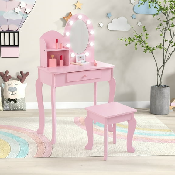 Kids Vanity Table and Chair set with Light and Mirror, Girls Makeup Vanity Desk with Makeup Play set, Toddler rounded Corner Dressing Table with Storage Grid and Drawer