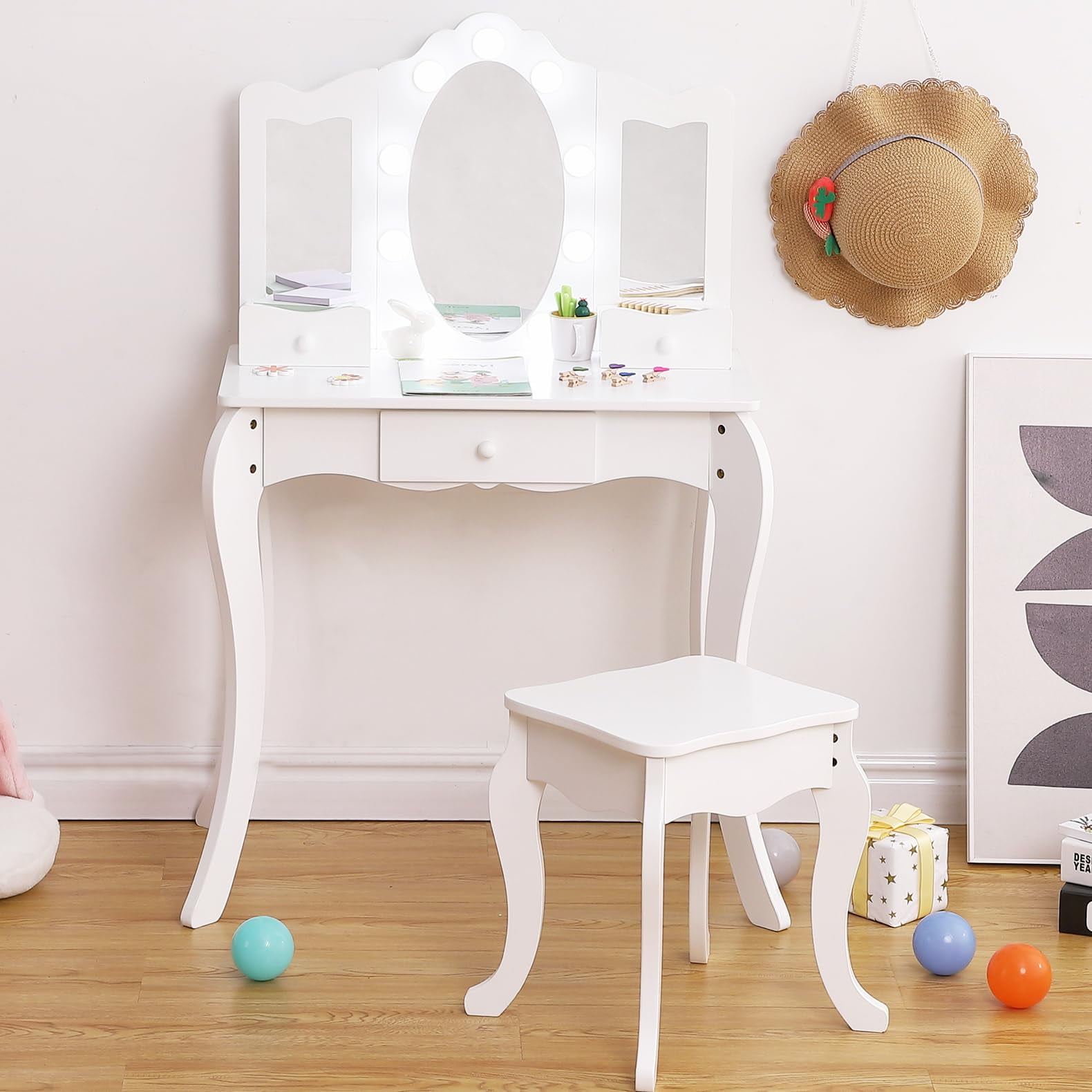 Kids Vanity Table, Girls Vanity with TriFolding Mirror, Drawer,Open