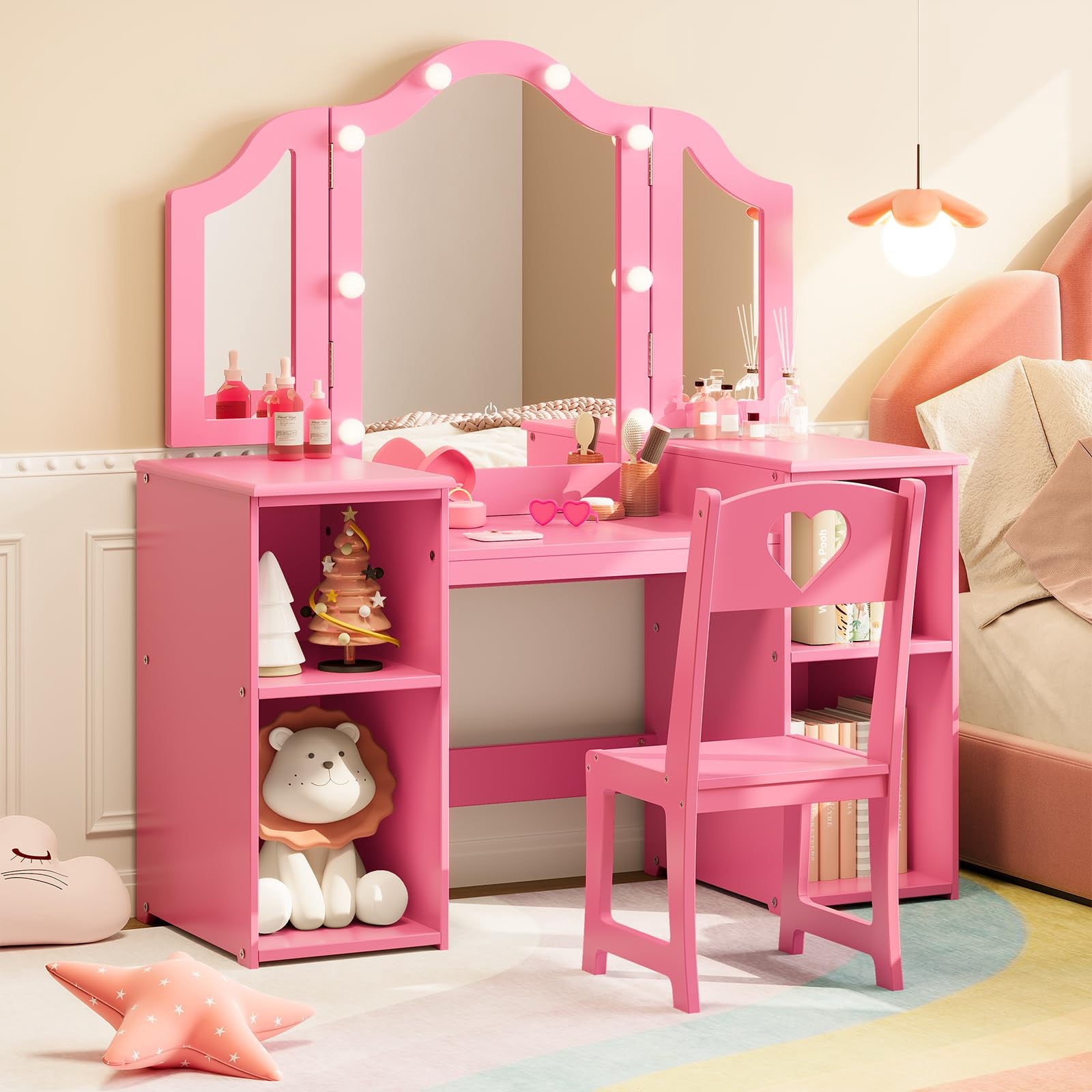 Kids Vanity Table, Girls Vanity Withtouch Light Detachable Tri-Folding