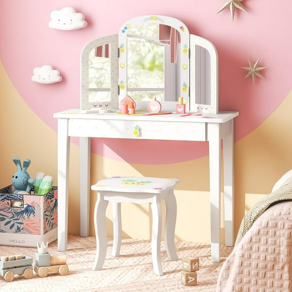 Kids Vanity Table, Princess Makeup Dressing Table with Drawer & Tri-Folding Mirror, 2-in-1 Vanity Set with Detachable Top, Pretend Beauty Play Vanity Set for Girls (Fruit Pattern)