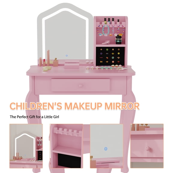 Kids Vanity Table Set with LED Mirror & Stool,  Little Girl Vanity and Stool, Toddler Makeup Table Set, Wooden Princess Makeup Desk Dressing Table for 3-8 Girls