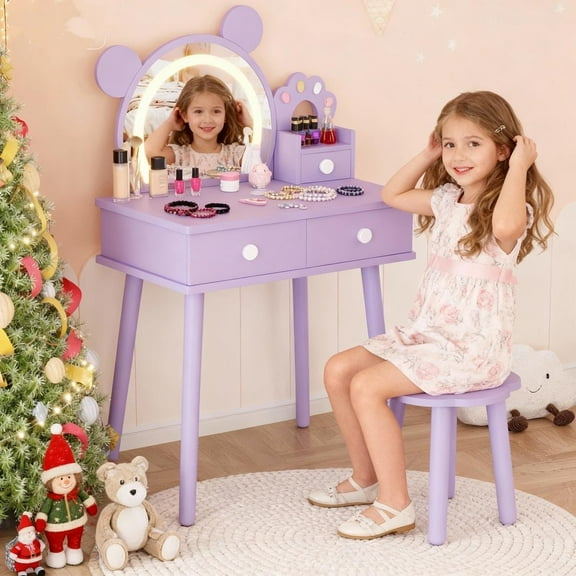 Kids Vanity Table and Stool Set,Cute Bear-Shaped Dressing Tables with Mirror&Storage Drawers,Toddler Makeup Table Set for 3-9 Girls Bedroom and Playroom Decor,Purple