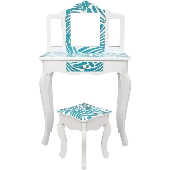 Kids Vanity Table & Stool Set with Mirror, 2 in 1 Princess Makeup Dressing Table w/ Drawer & Detachable Top, Dressing Table Princess Makeup w/ 2 180° Folding Mirror for Age 3-12 Girls Kids, White+Blue