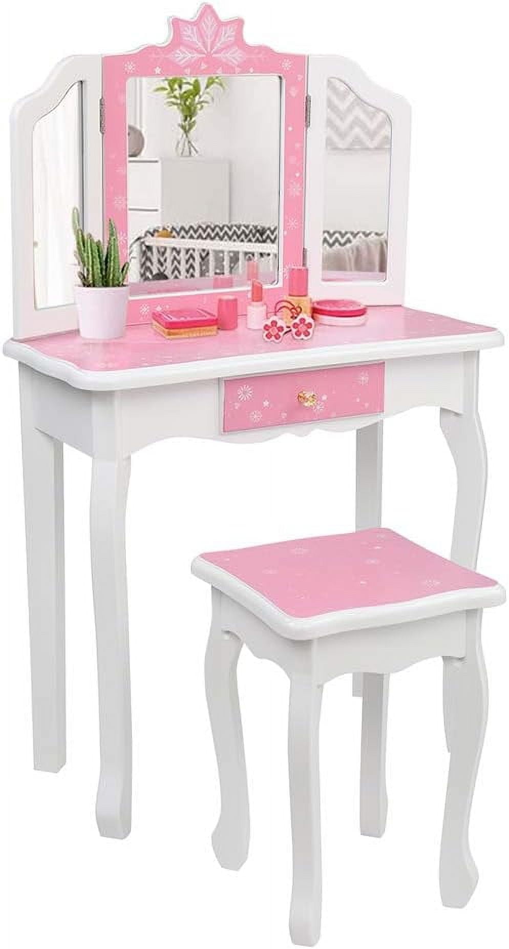 Girls White Dressing Table & Stool Mirror & Drawers