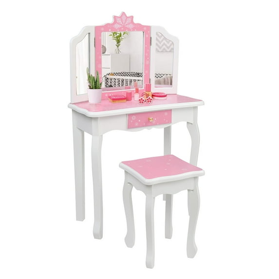 Triple Tree Kids Three Fold Mirror Drawer Vanity Tables & Table & Bench Set Pink/Blue