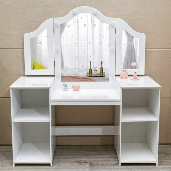 Kids Vanity Table and Chair Set, Girls Make Up Vanity Desk with Detachable Tri-Folding Mirror and Touch Light, Princess Play Dressing Table, White
