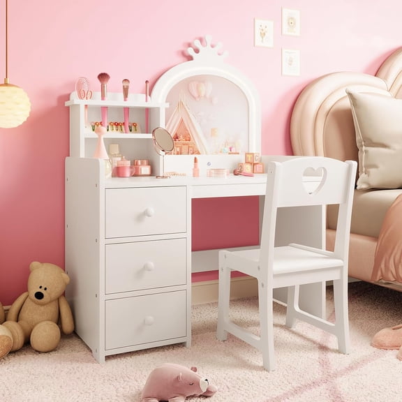 Kids Vanity Table and Chair Set, Girls Vanity Set with Stool, Mirror, Makeup Dressing Princess Table with Drawer for Little Girls,White