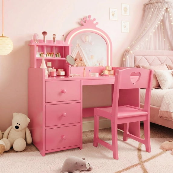 Kids Vanity Table and Chair Set Princess Vanity with Lighted Mirror, Drawers and Storage Shelves Makeup & Dressing Desk for Little Girls Pink