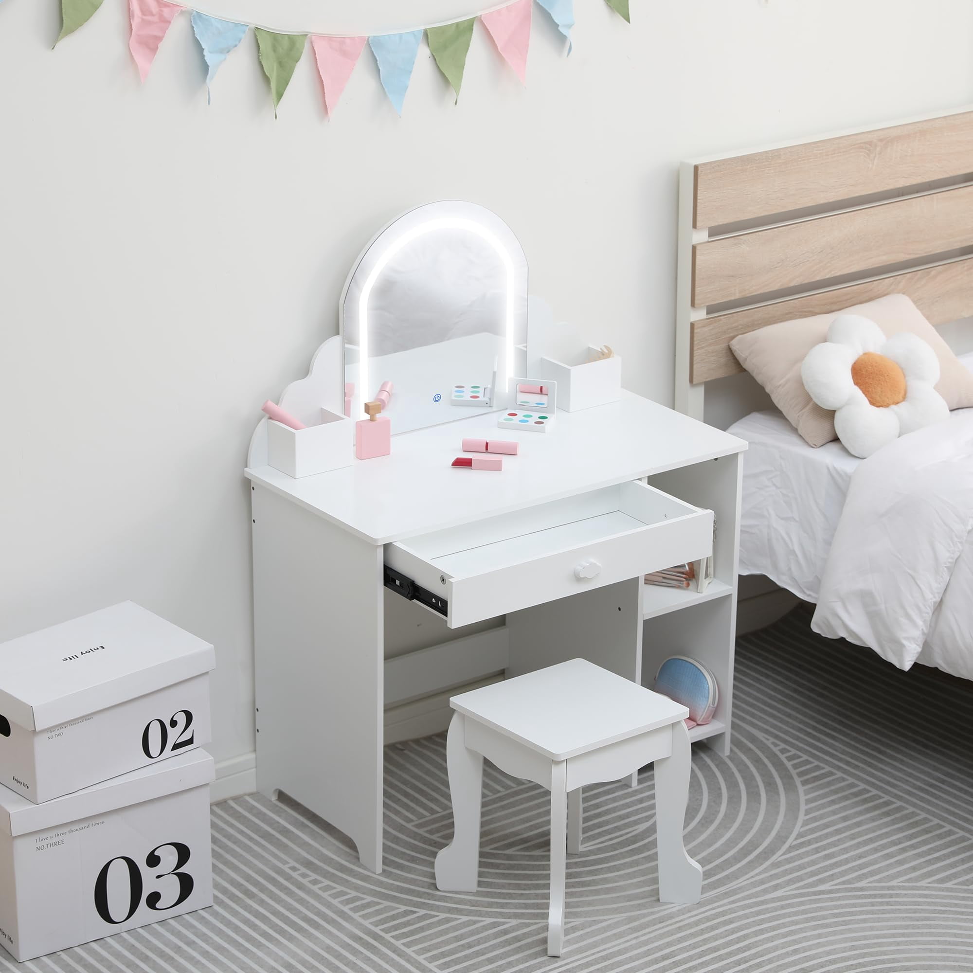 Kids Vanity Table with LED Lighted Mirror & Stool, Wooden Pretend Play