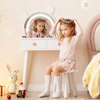 Kids Vanity Table with Lights, Bear-Shaped Dressing Tables with Stool, Wooden Princess Toddler Make Up Table Set, Vanity Sets for Little Girls, White