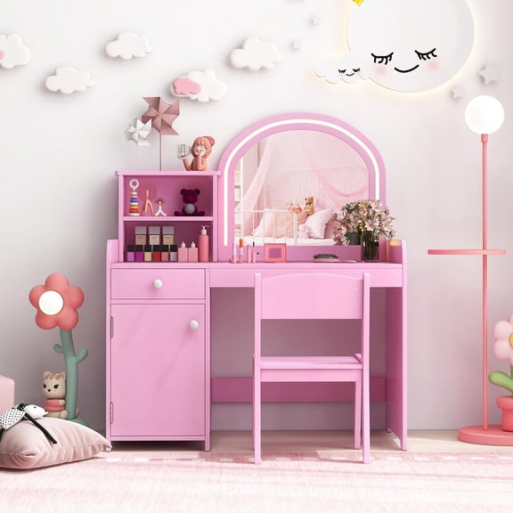 Kids Vanity Table with Lights and Stool, Pink Wooden Princess Makeup Dressing Set with Storage Cabinet for Girls Age 3+