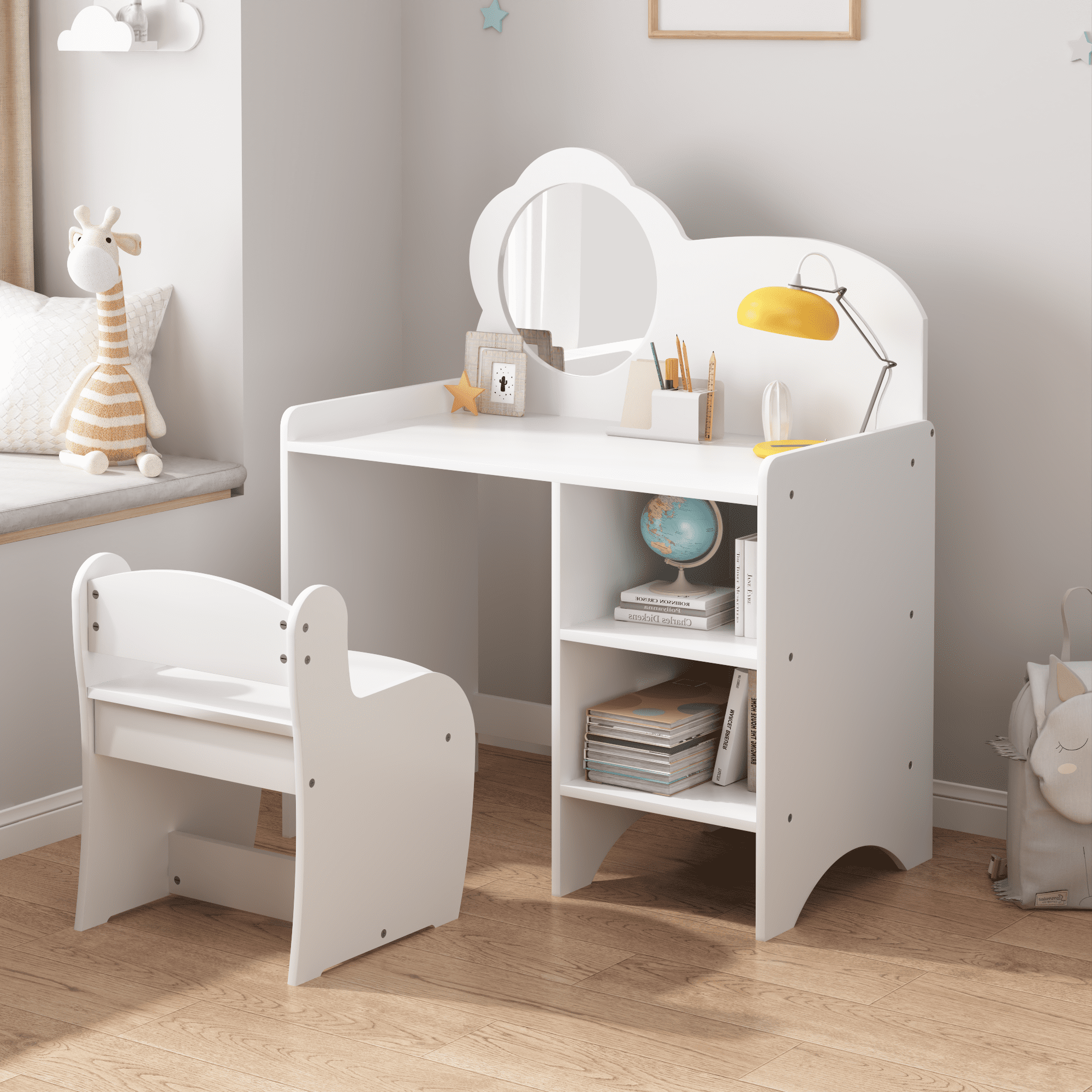 Kids Vanity Table with Mirror,Wooden Dressing Makeup Desk with Storage Shelves with Chair,Study Table for Bedroom,White