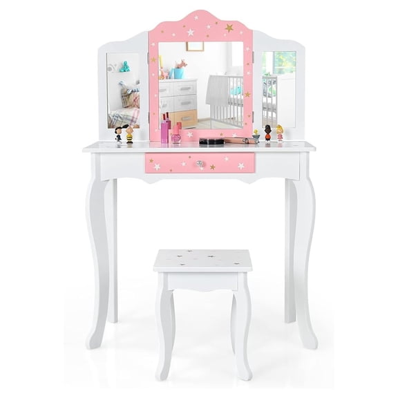Kids Vanity, Wooden Makeup Dressing Table with Stool & Drawer, Tri-Folding Mirror, Detachable Top, Toddler Pretend Play Vanity Set for Little Girls (White)
