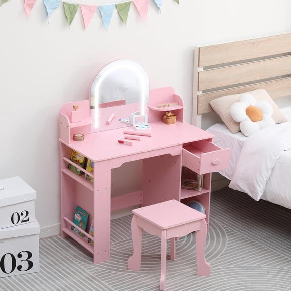 Kids Vanity with Lighted Mirror, 2 in 1 Little Girls Vanity Table & Stool, Kids Makeup with Bookshelf,Drawer & Open Shelves for 3-9 Yrs Girls, Pink