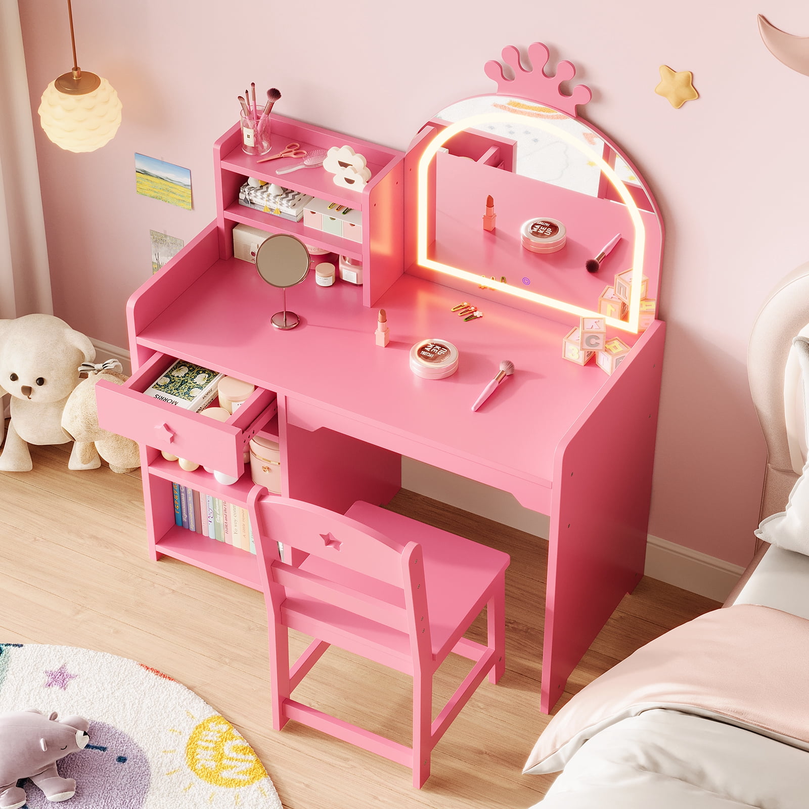 Kids Vanity with Lighted Mirror & Stool, Little Girl Vanity Table Set