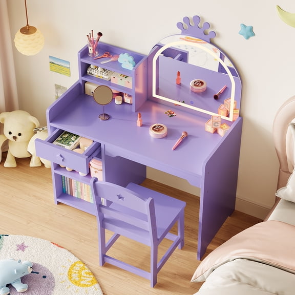 Kids Vanity with Lighted Mirror & Stool, Little Girl Vanity Table Set with Open Bookshelf, Toddler Dressing Table for Girls