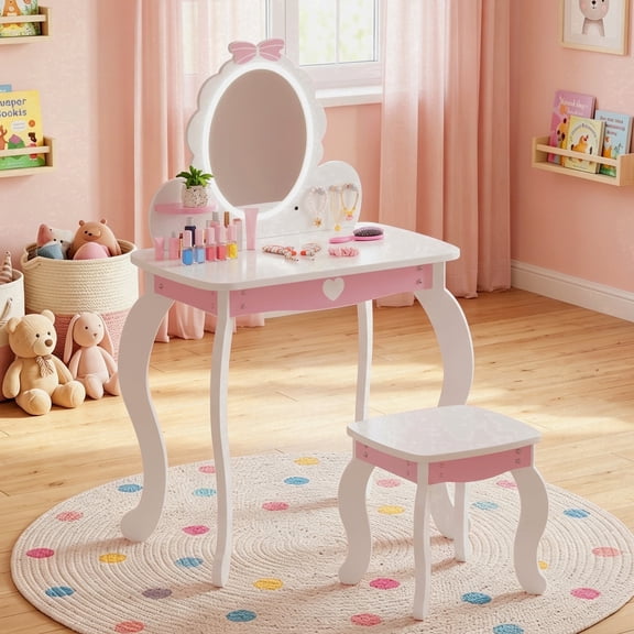 Guqiart Kids Makeup Vanity Set with Bow Pattern Lighted Mirror, Girls Vanity Desk with Chair, Princess Dressing Table Set, White
