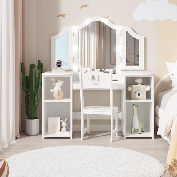 Kids Vanity with Lights - 2-in-1 Princess Makeup Desk & Chair Set with Lighted Mirror, Storage & Pretend Play Dressing Table