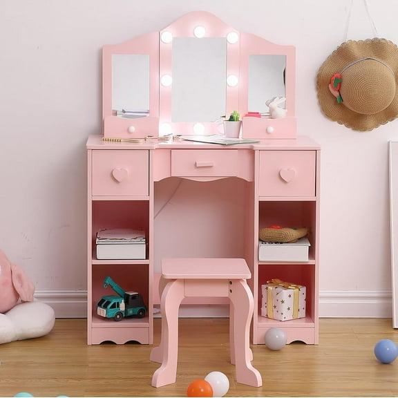 Kids Vanity with Lights,2 in 1 Wooden Princess Makeup Desk Dressing Table,Girls Vanity Table with Mirror, Light,Stool & Drawer
