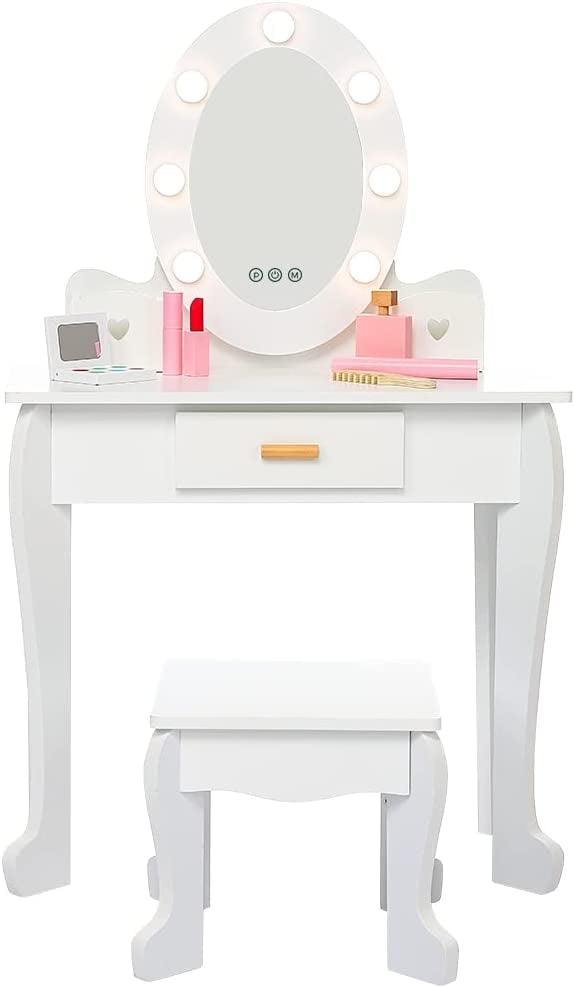 Kids Vanity with Mirror and Stool, Girls Vanity with Touch Light and
