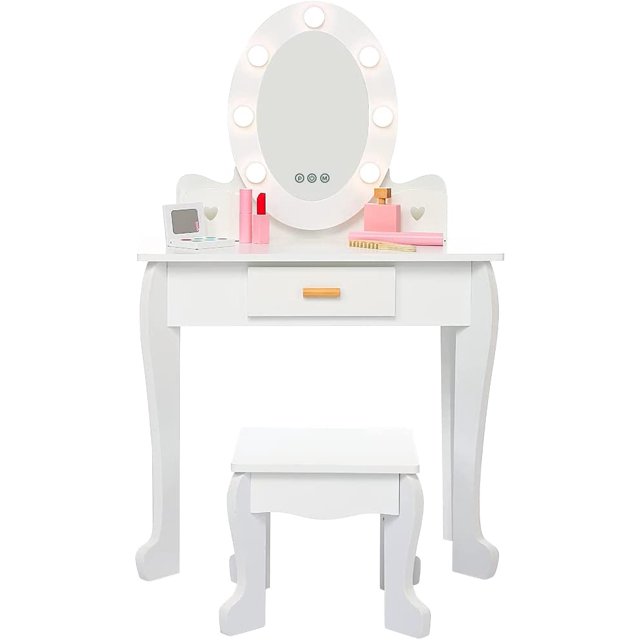 Kids Vanity with Mirror and Stool, Girls Vanity with Touch Light and