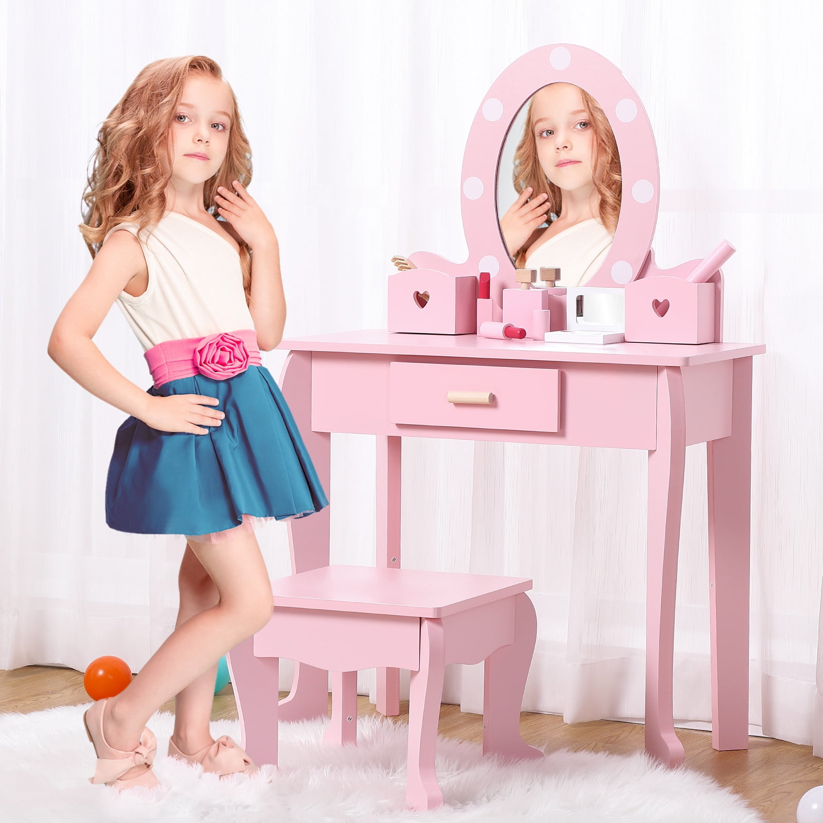 Kids Vanity with Mirror and Stool, Girls Vanity with Wood Makeup