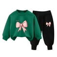 thumbnail image 1 of Kids Velvet Hoodie & Pants Set with Bow Print, 2-Piece Long Sleeve Pullover Outfit for Boys Girls Velvet Tracksuit Set, 1 of 3