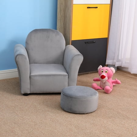 Kids Velvet Sofa with Ottoman Grey
