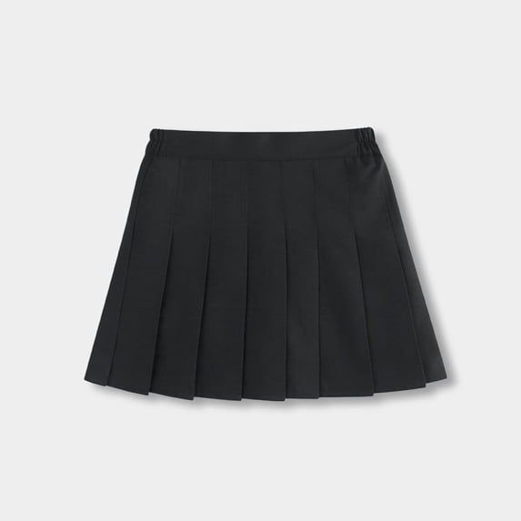 Kids Versatile Solid Color Pleated Skirt With Shorts Liner Elastic Waist High Waist Skirt For Little Girls School Uniform And Play Black Size 17-18 Years
