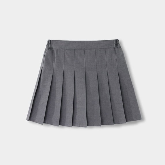 Kids Versatile Solid Color Pleated Skirt With Shorts Liner Elastic Waist High Waist Skirt For Little Girls School Uniform And Play Grey Size 17-18 Years