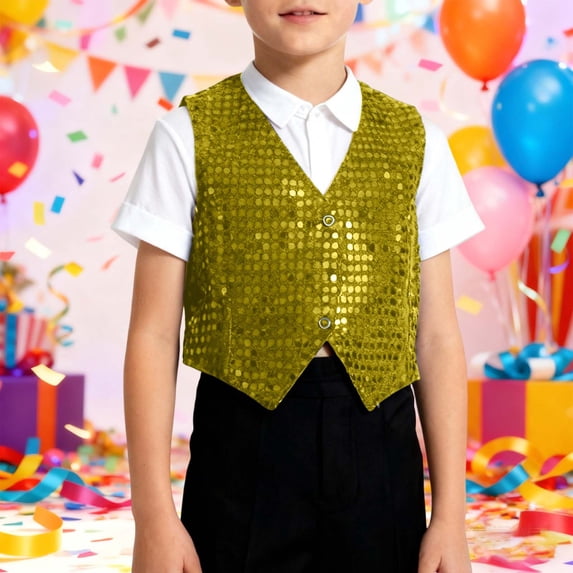 Kids Vest Jacket Top Carnival Clothes For Boys Performance Vest Stage With Sparkling Sequins For Dance Shows And Party Events Hop Jazz Dancewear For Kids Yellow 6-7 Years