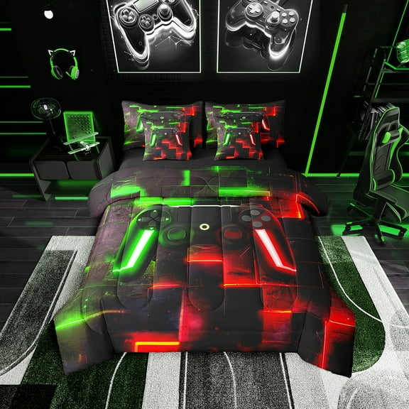 Video Game Bedding Comforter Sets 7pcs Gamepad Pattern Bed in a Bag, Geometric Plaid Buffalo Twin Bedding Sets Gamer Gaming Comforter Set, Black Red Green Bedding Sets
