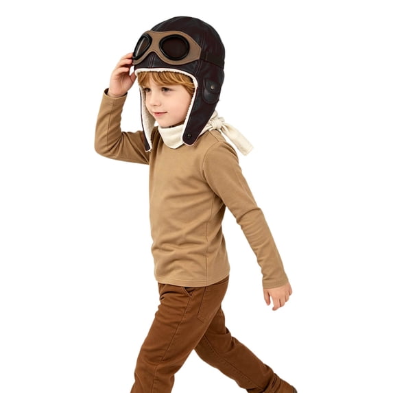 Kids Vintage Hat With Decorative Goggles Leather Lined Earflap Winter Warm Cap for Boys Girls