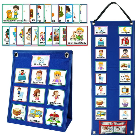 Kids Visual Schedule Calendar Chart, 2 in 1 Autism Daily Chore Routine Chart with 70 Cards Autism Learning Materials Kids Visual Behavioral Tool Wall Planner for Home