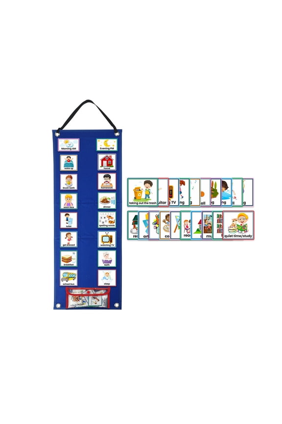 Kids Visual Schedule Calendar Chart, 2 in 1 Daily Chore Routine Chart With 70 Schedule Cards, Learning Materials Routine Chart For Home School, Three Language Options