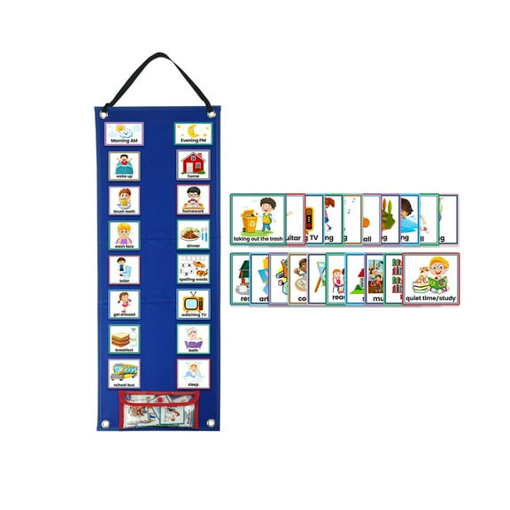 Kids Visual Schedule Chart, Blue Daily Routine Planner Board with Cards and Velcro, Educational Calendar for Home School Autism 27" X 9"