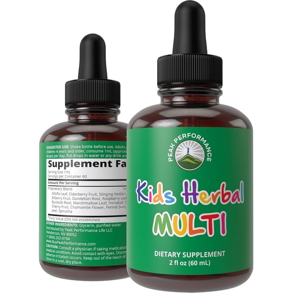 Peak Performance Kids Herbal Liquid Multivitamin. Vegan Supplement for Toddlers, Children, Teens. Sugar Free, Gluten Free. 2fl oz Dropper Bottle