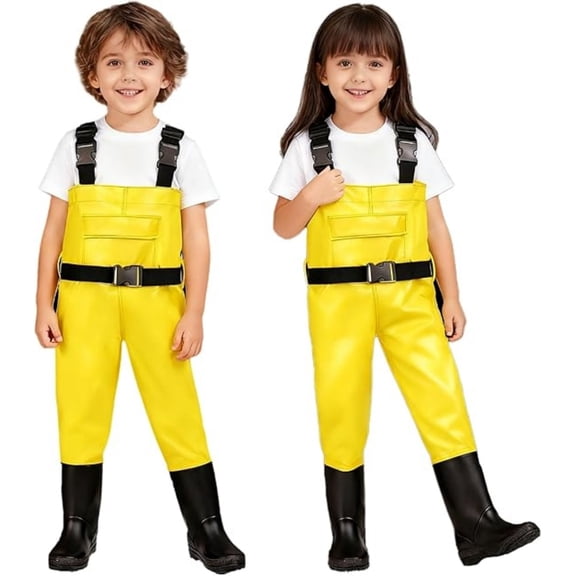 Kids Waders Waterproof PVC All-in-One with Adjustable Straps for Toddler,Non-Slip Boots,Outdoor Play,Fishing,Rain,Mud