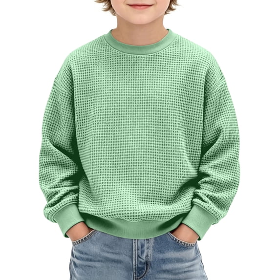 Kids Waffle Crewneck Sweatshirts Boys Long Sleeve Pullover Tops Fashion Solid Color Sweatshirt Back To School Clothes 3-14Years