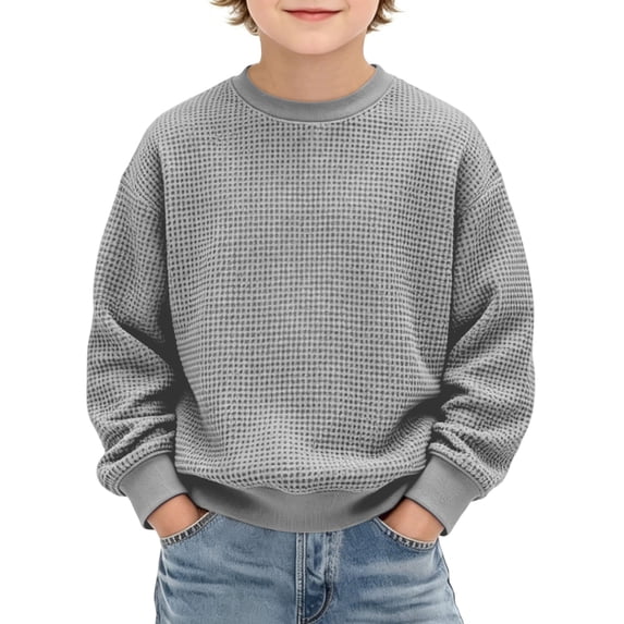 Kids Waffle Crewneck Sweatshirts Boys Long Sleeve Pullover Tops Fashion Solid Color Sweatshirt Back To School Clothes 3-14Years