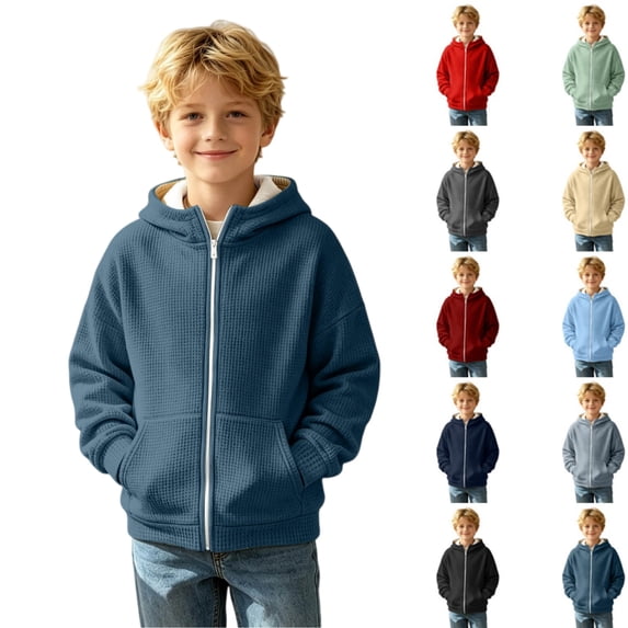 Kids Waffle Knit Full‑Zip Hoodie, Boys Solid Color Zip‑Up Hooded Sweatshirt, Casual Long Sleeve Outerwear for School Outdoor Daily Street Wear(Blue,5-6Years)