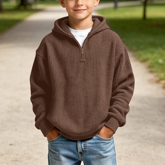 Kids Waffle Knit Quarter Zip Hoodie Long Sleeve Pullover Hooded Sweatshirt for Boys Girls Fall Winter Daily Wear Brown 11-12 Years