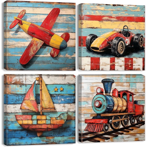 Kids Wall Art Construction Transportation Wall Decor Cartoon Train Car Vehicle Canvas Prints Poster for Toddler Nursery Bedroom Vintage Plane Ship Pictures Artwork Playroom Home Decorations 12x12” 4P