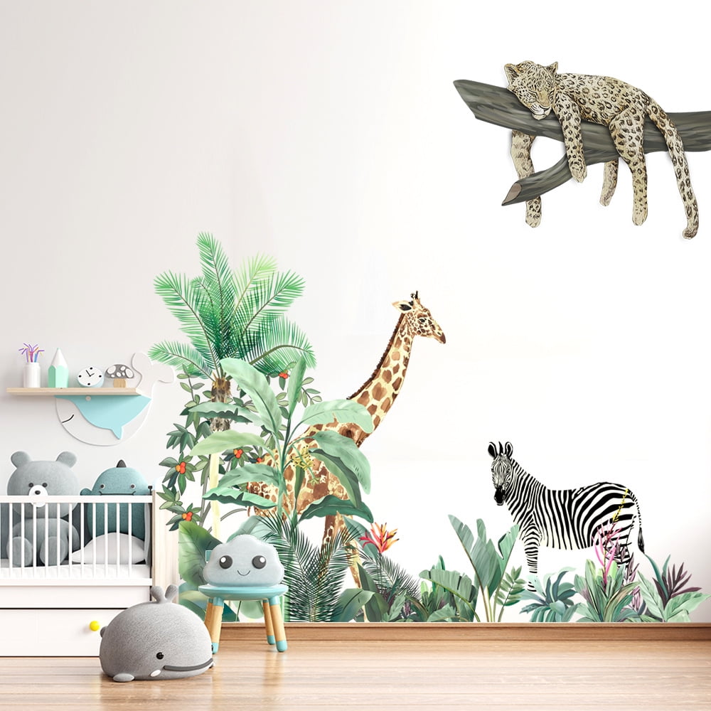 Kids Wall Decal Peel and Stick Safari Animal Wall Decals Cute African Animals Set Wall Sticker Zebra Giraffe Elephant Lion Leaves Sticker Kids Room Childroom
