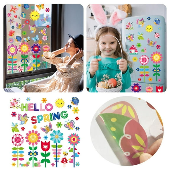 Kids Wall Stickers,9PCSpring Flowers Thick Gel Clings Butterfly Window Gel Clings Decals Stickers For Kids Toddlers And Adults Home Airplane Classroom Nursery Spring Summer Decorations