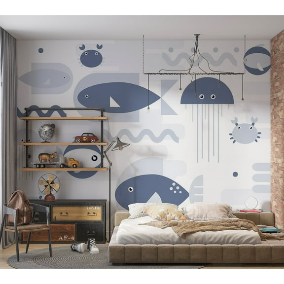Kids Wallpaper Wall Mural - Geometric Fish and Crabs